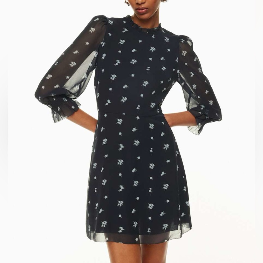 Wilfred by Aritzia Black Floral Swept Puff-sleeve Mini Dress size 8